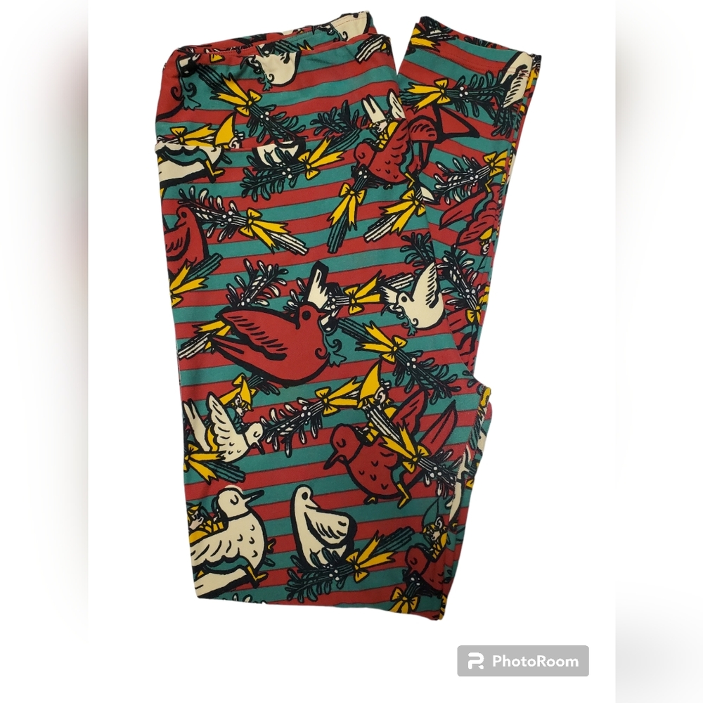 LulaRoe leggings, stripes w/ elves and birds